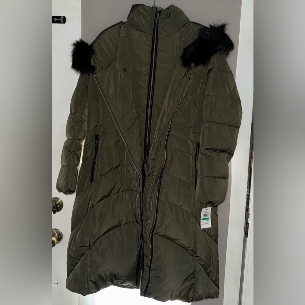 Cole Haan Dark Green Puffer Jacket with Black Fur Accents